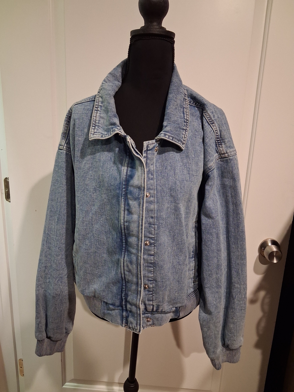 Celebrity Pink Light Blue Denim Bomber Jacket